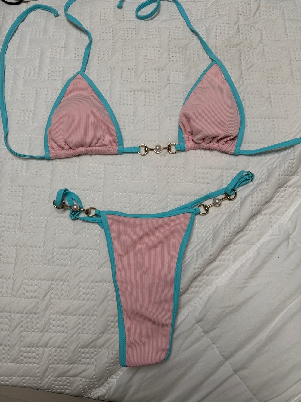 Pink Ribbed Triangle Bikini with Turquoise Trim